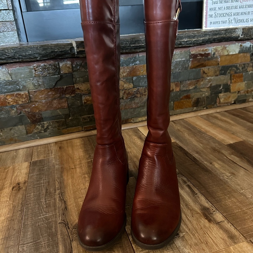 Alfani Brown below the Knee Boots with Leather Material and Classic Shape